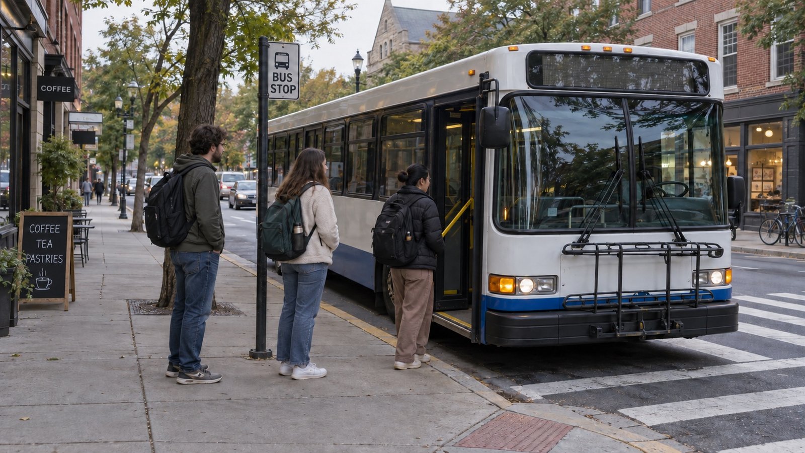 Passengers waiting beside a white and blue bus at a sidewalk stop