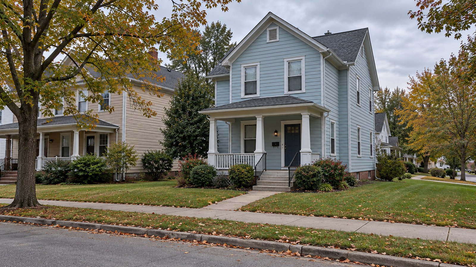 A home and its everyday approach A modest two-storey blue house has a complete front porch, steps and a path to the neighborhood sidewalk.