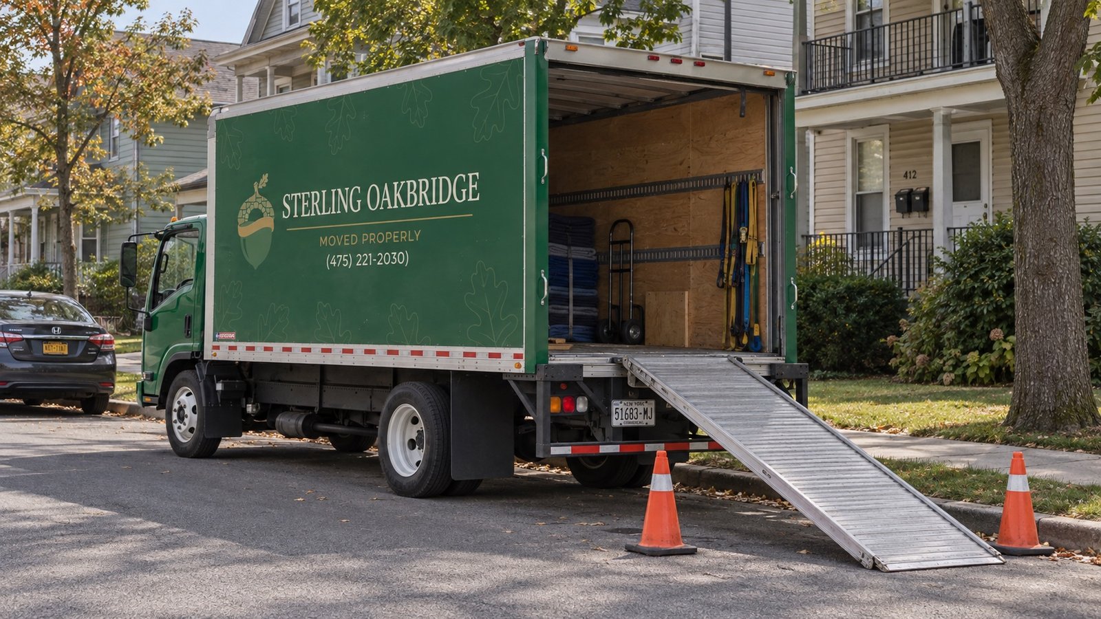 A dark green moving truck with an open rear door and a ramp resting at a residential curb.