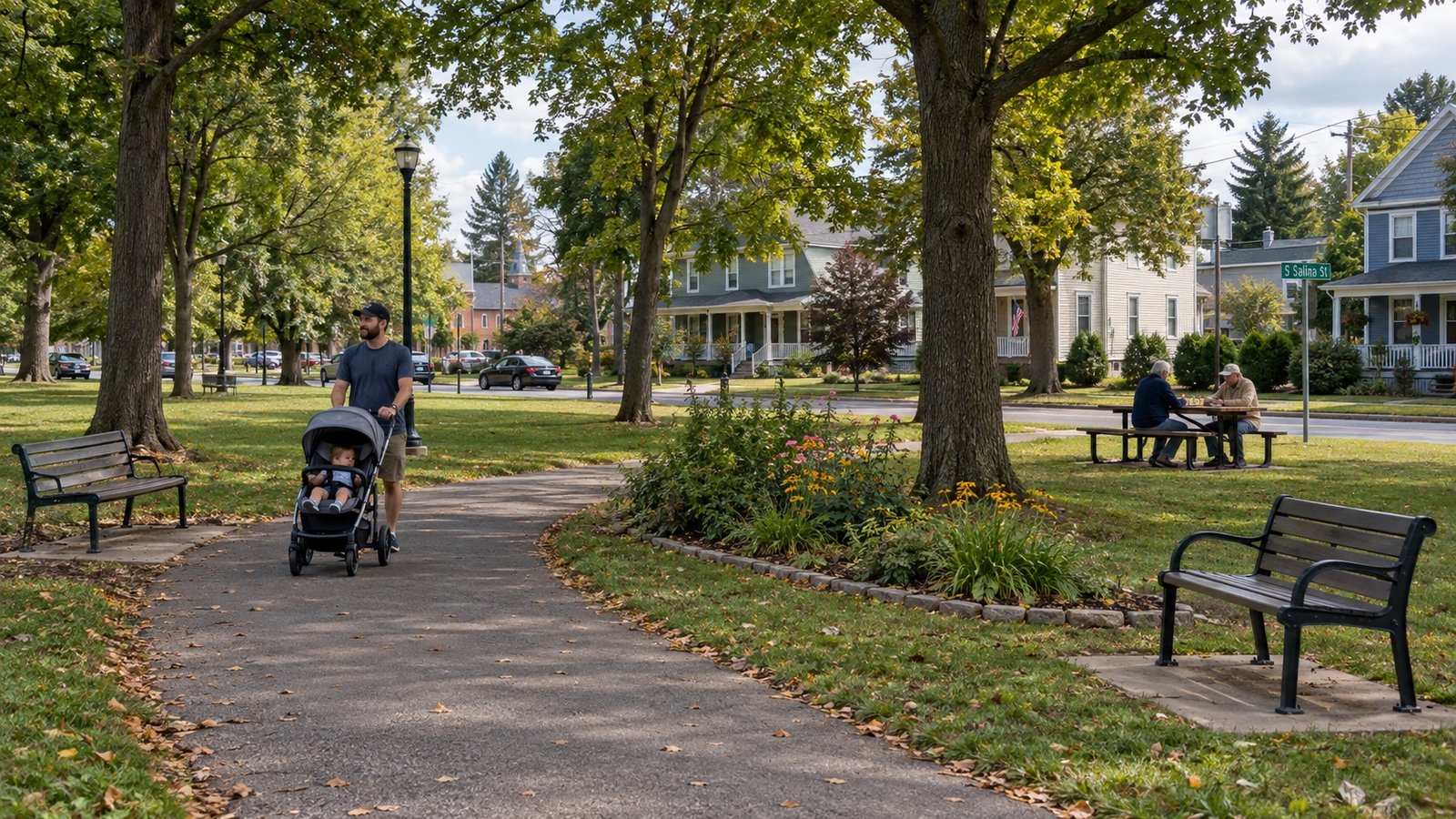 A neighborhood park with mature trees, paths and older houses beyond.