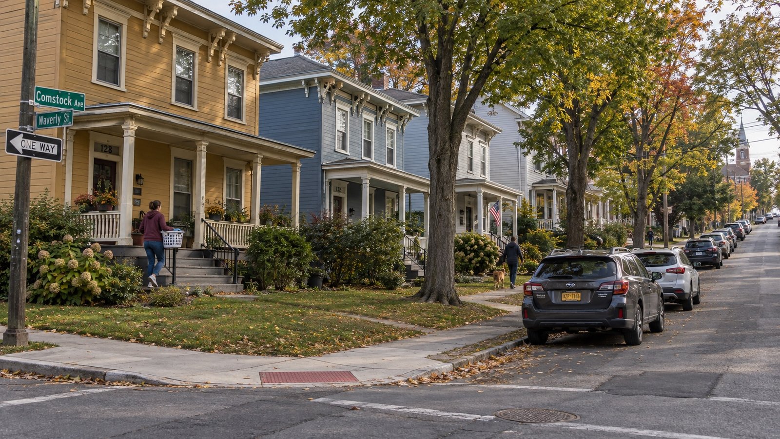 A residential street of older two-flat houses with porches and parked cars.