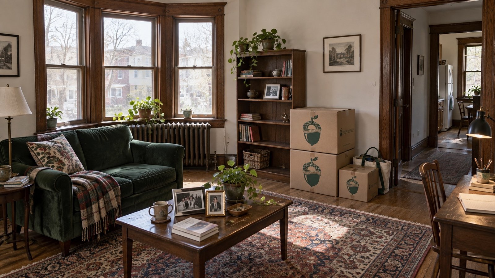 A furnished living room in an older apartment with sealed moving boxes by the wall.