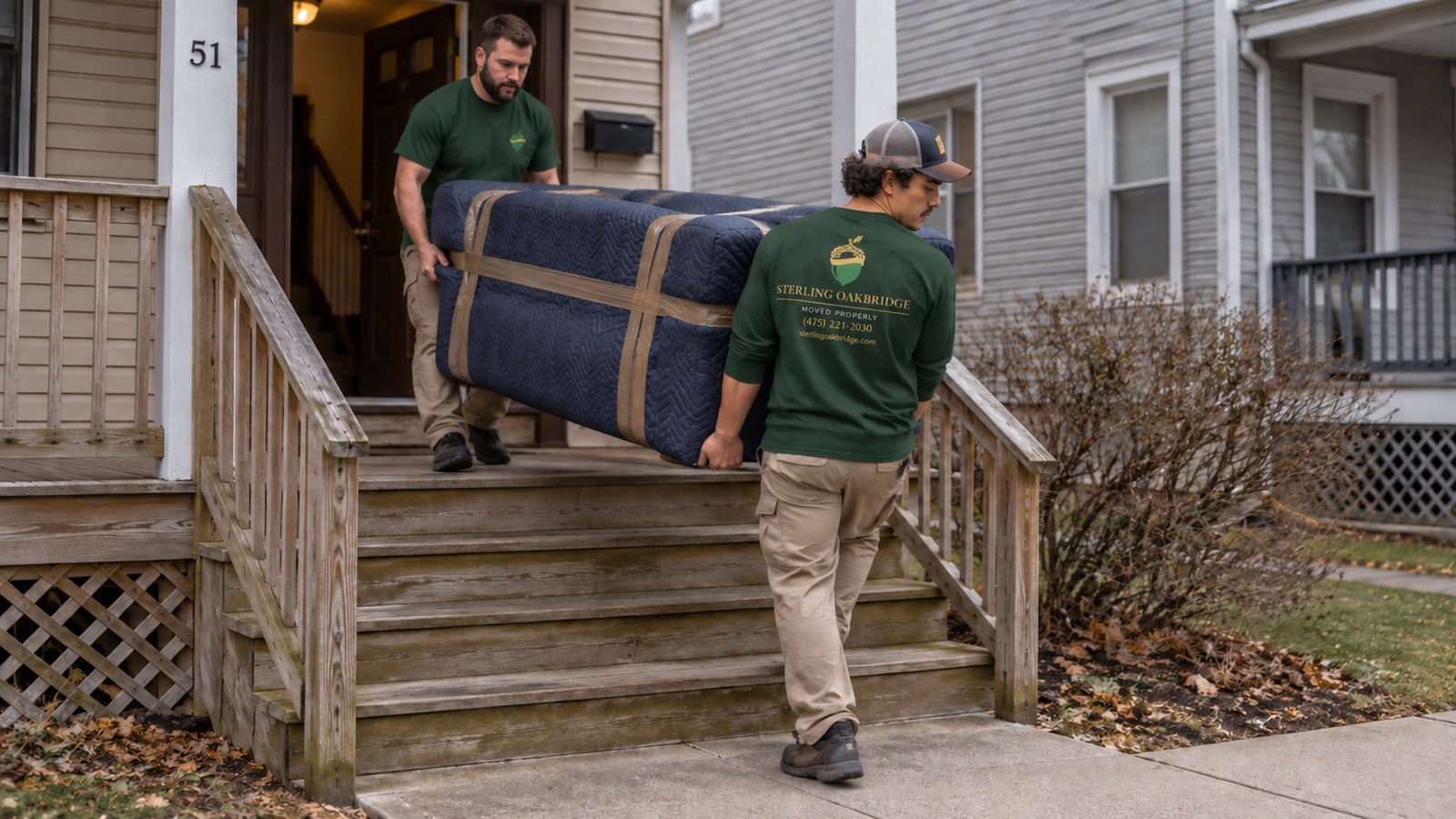 Two movers carrying a blanket-wrapped sofa down the wooden steps of a porch.