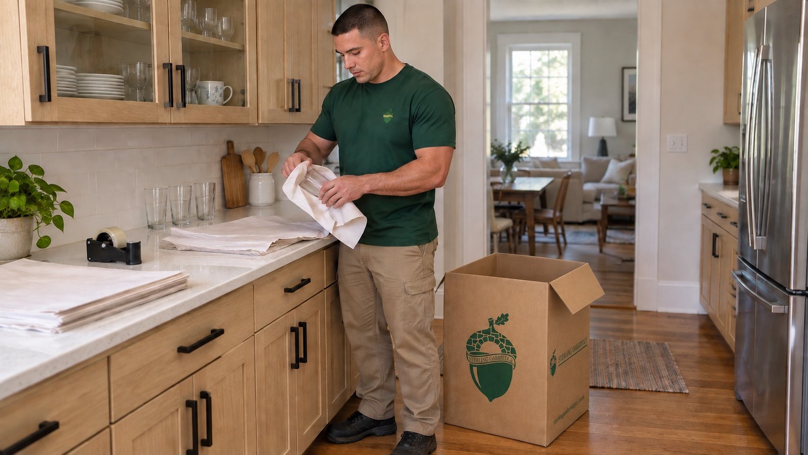 A Sterling Oakbridge mover wraps a drinking glass beside a branded China carton in a renovated Syracuse kitchen.
