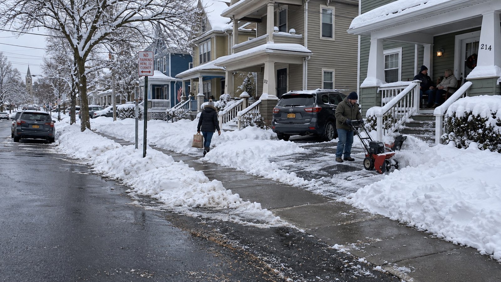A residential street after heavy snow with plowed piles and cleared sidewalks.