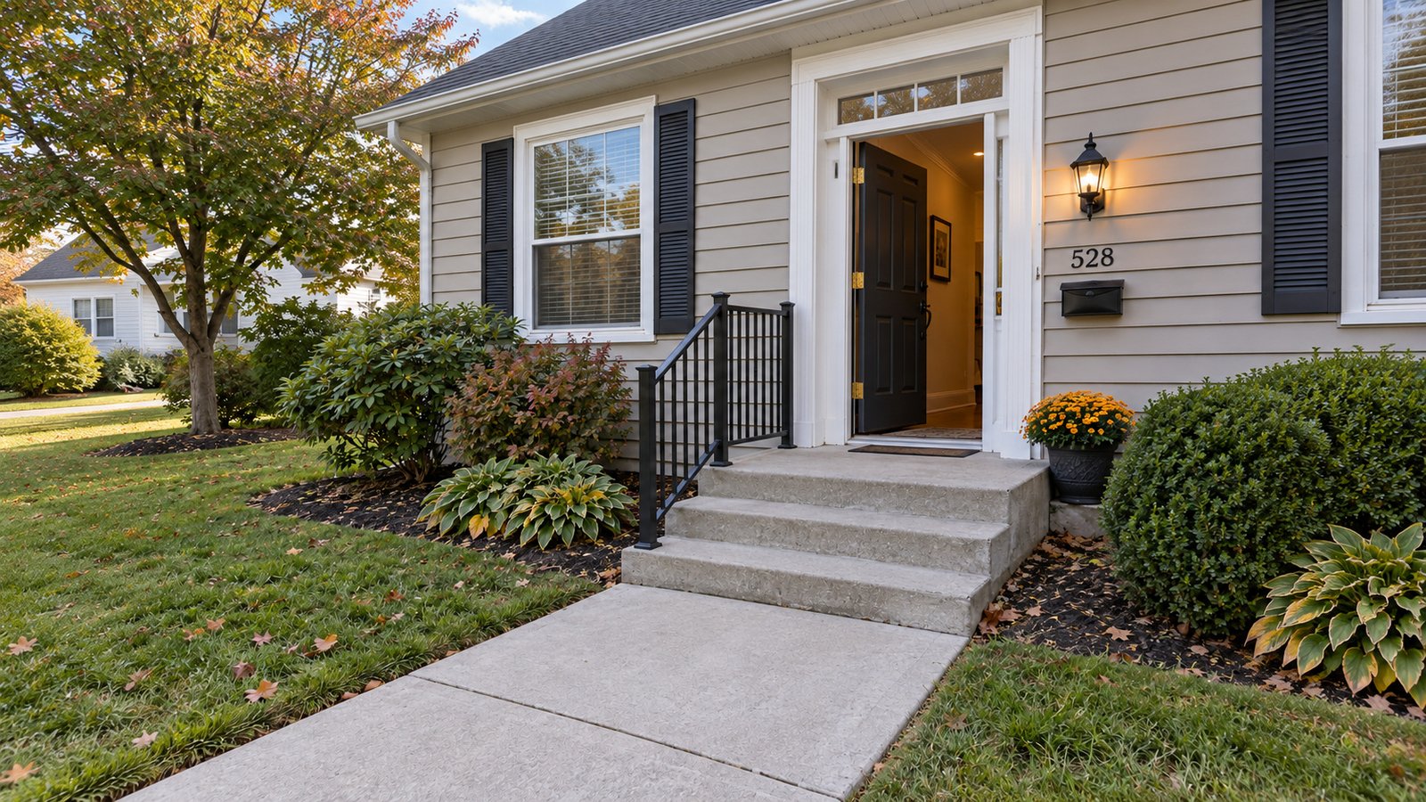 Walk the full entry route A complete open hinged front door, landing and three concrete steps connected to a clear walk.