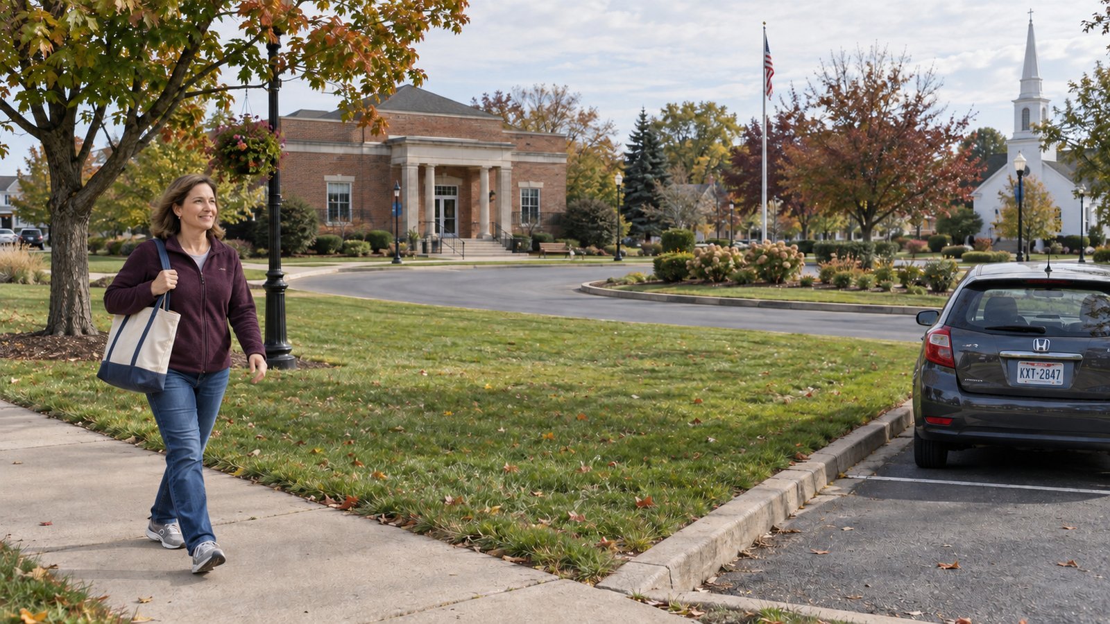 A woman with a tote bag walks a civic-green path beside a circular road and distant buildings.