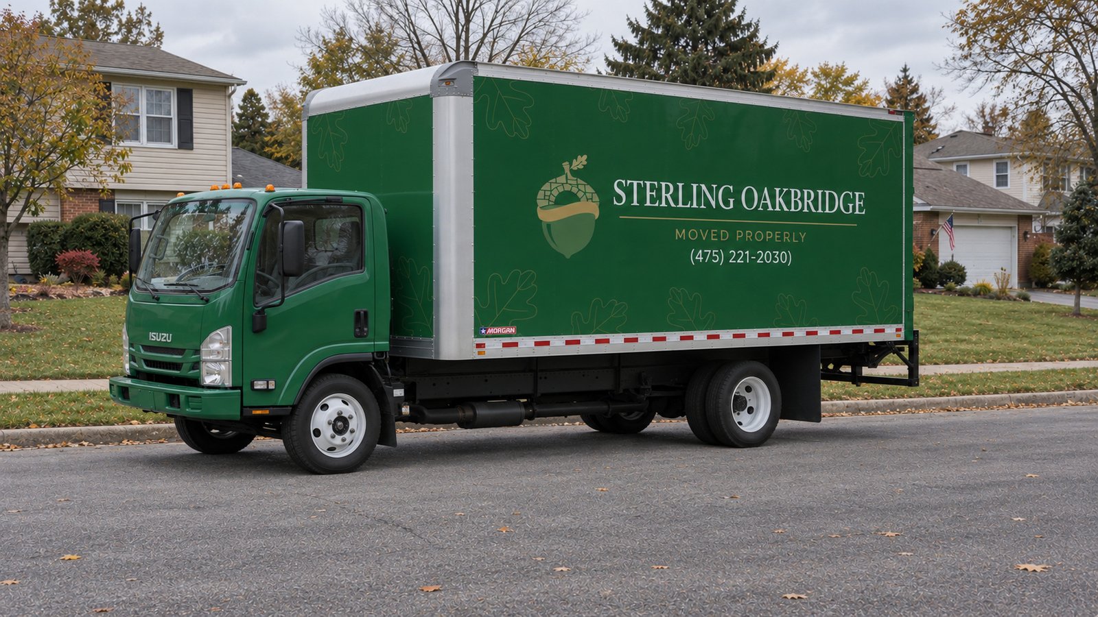 Confirm the proposed vehicle position A whole green Sterling Oakbridge Isuzu NPR16 parked on road asphalt beside a far curb.