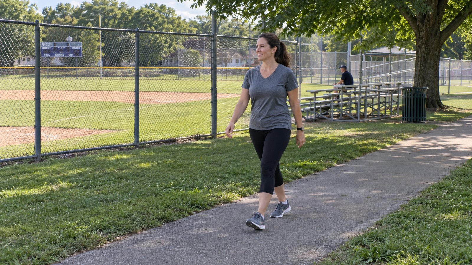 A woman walks a paved path beside a fenced ballfield, bleachers and a shade tree.