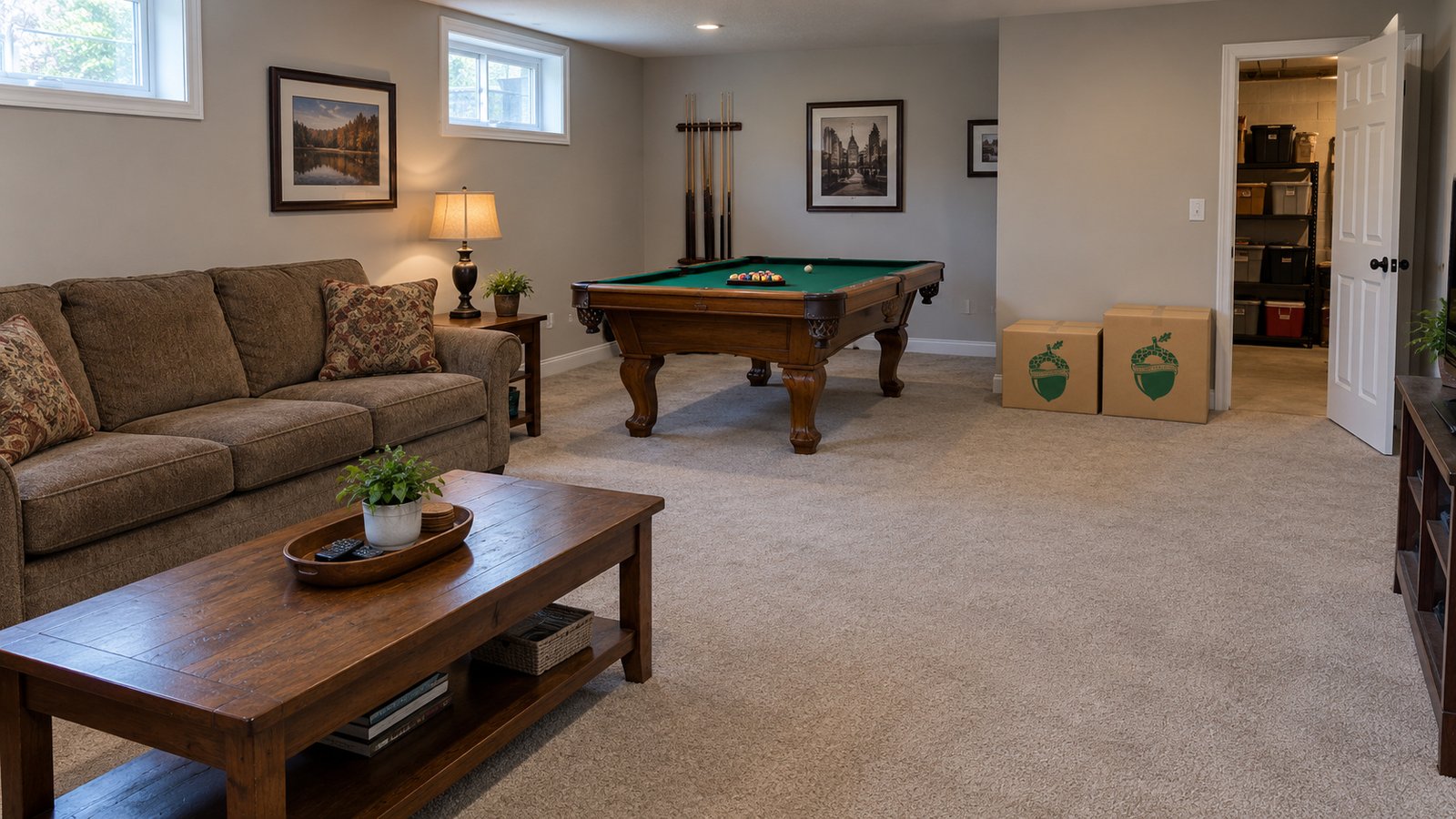 A complete billiard table, storage-room doorway and two closed kraft cartons in a finished basement room.