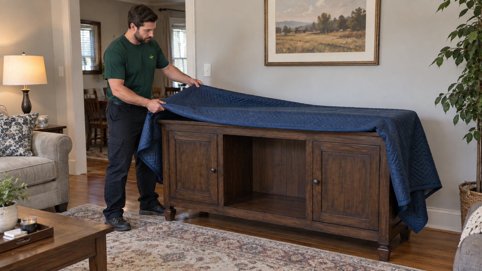 A whole male company mover folds a separate blue moving blanket from an empty wooden console cabinet.