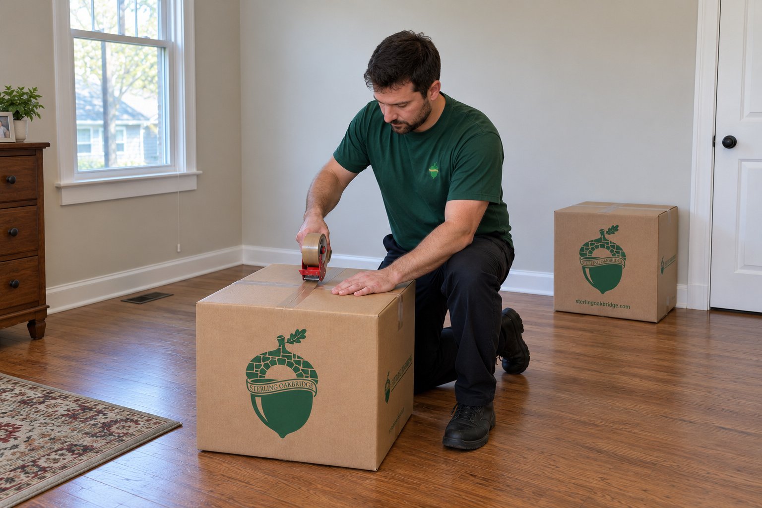 Prepare the selected packing work A kneeling male packer tapes a closed kraft carton on a spare-room floor with another smaller carton at the rear wall.