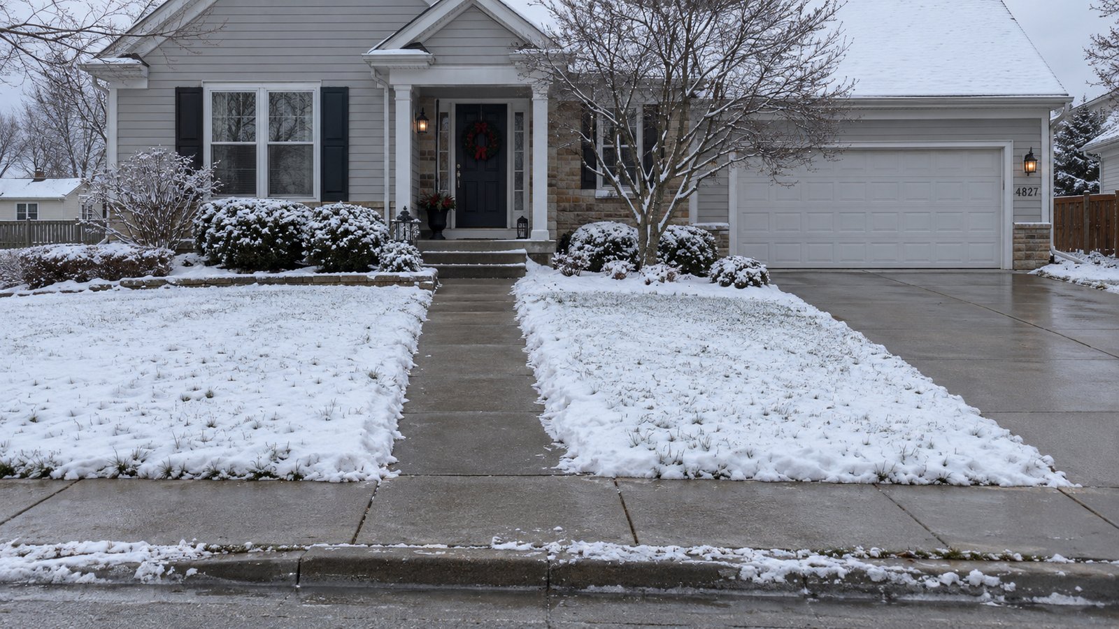 A clear home-entry walk and driveway with light snow on the adjacent lawn and shrubs.