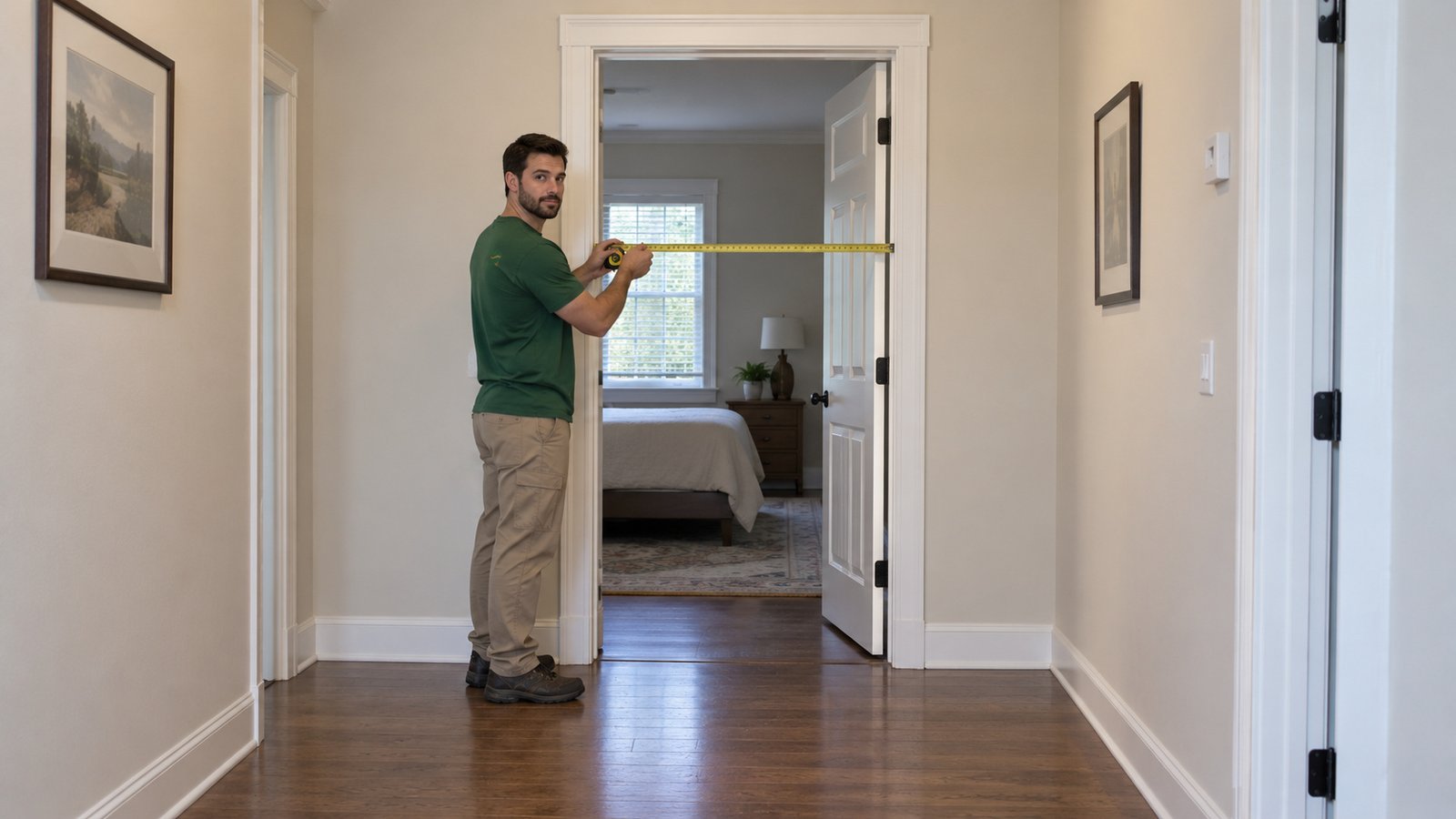 A male mover in a green shirt measuring an interior bedroom doorway with a horizontal tape.