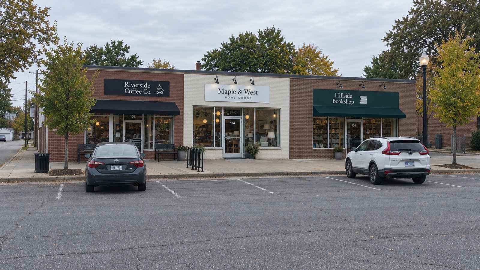 Low-rise shopfronts and two complete parked cars beside a connected sidewalk.