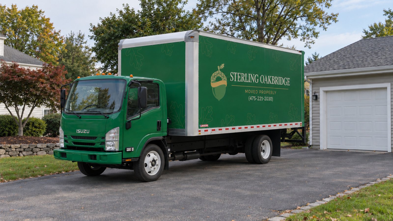 A complete green Sterling Oakbridge Isuzu NPR16 truck parked on a paved driveway beside a garage.