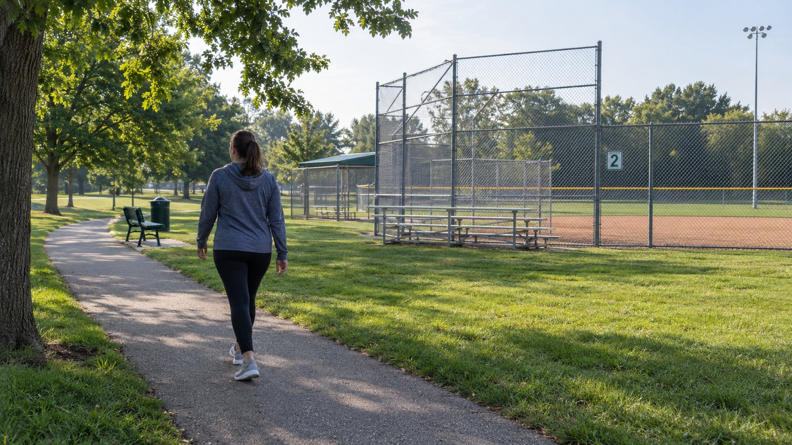 A woman walking on a park path beside a fenced ballfield.