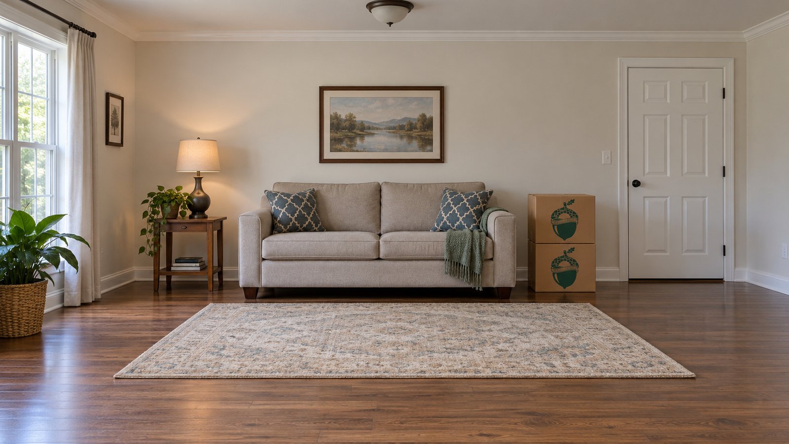 A complete sofa, closed bedroom door and two stacked small kraft cartons beside the wall.
