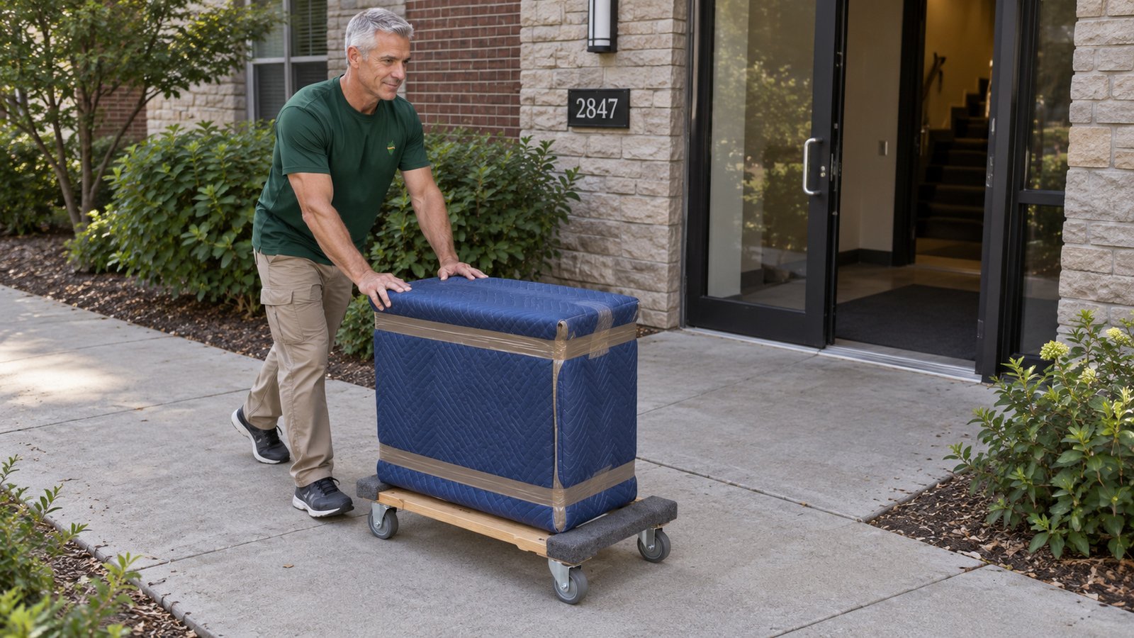 A male mover rolling a fully blanket-protected small chest on a compact open-frame wooden furniture dolly.