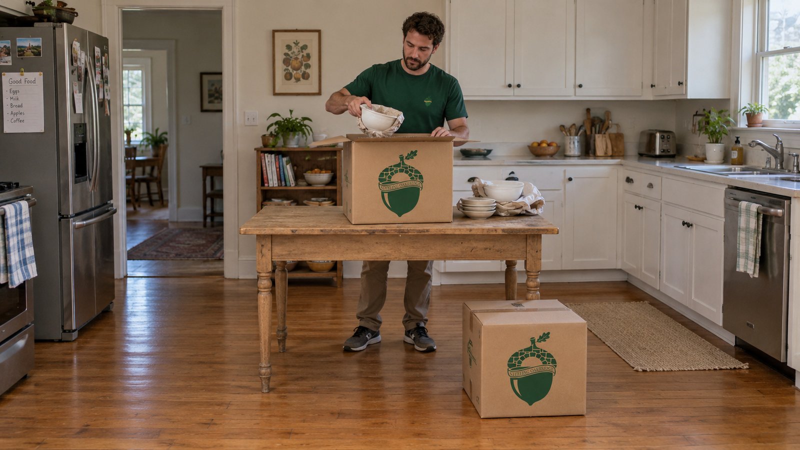 A male packer placing a paper-wrapped bowl into an open kraft carton on a complete wooden kitchen table.