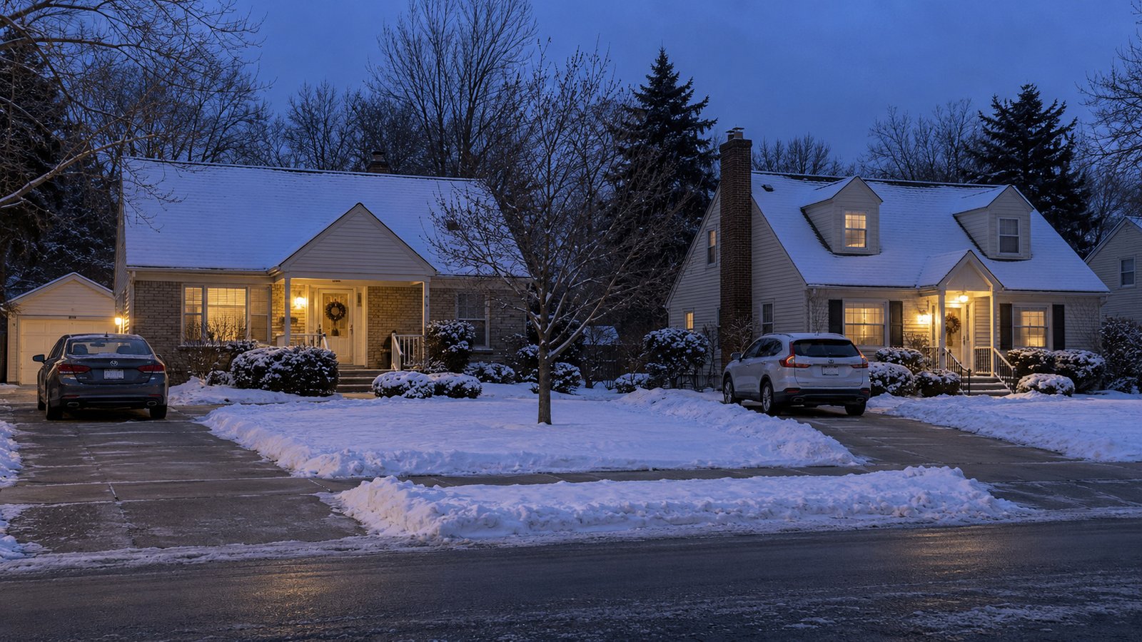 Two complete houses and cars on driveways at winter dusk, with snow on lawns and cleared approaches.