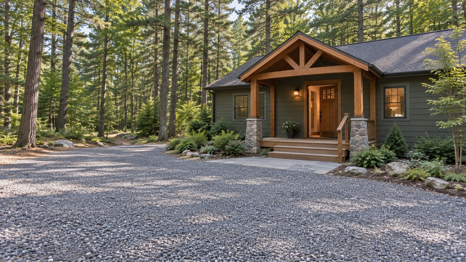 Follow the whole entrance route A full timber porch gable and open entrance above wooden steps, joined to a paved pad and broad gravel drive.