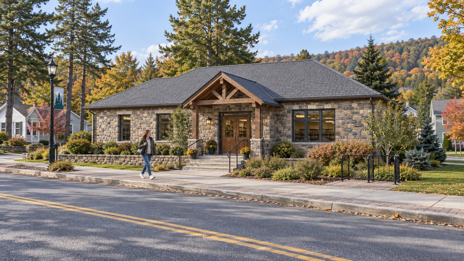 A complete low stone-and-timber civic building, entrance steps and a pedestrian on the adjoining sidewalk.