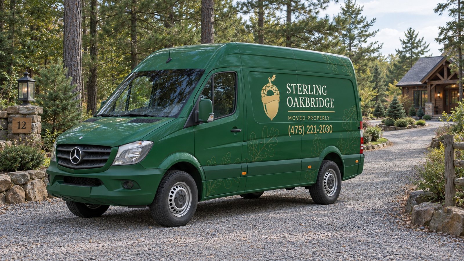 Check standing space and departure A complete left-facing green Sterling Oakbridge Sprinter standing on a wooded gravel driveway.
