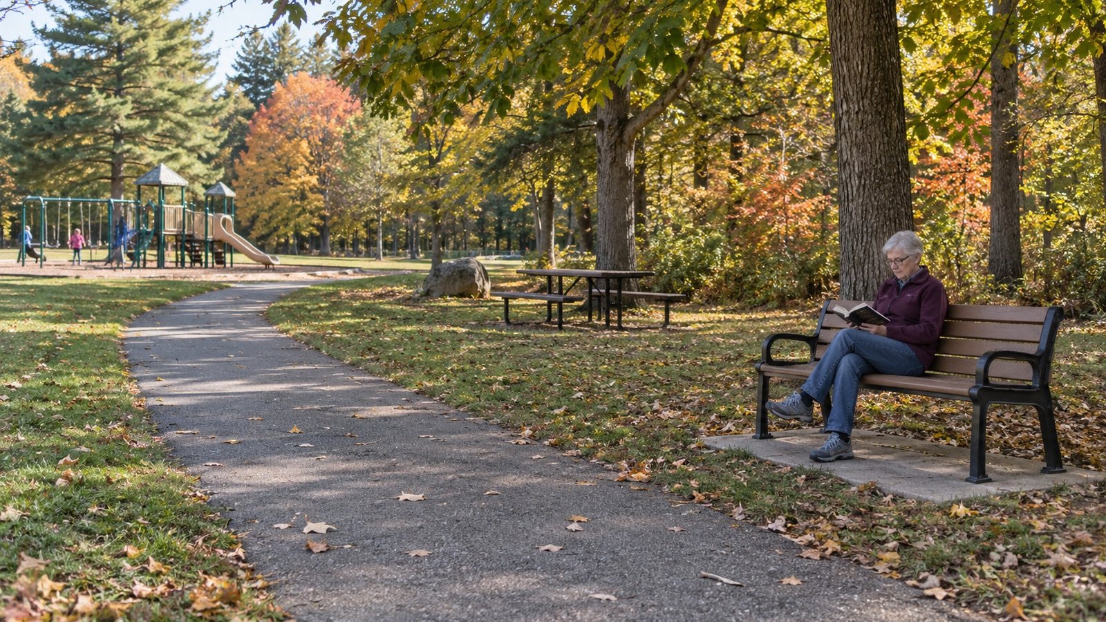 An older adult reading on a complete park bench beside a paved path, picnic table and distant playground.