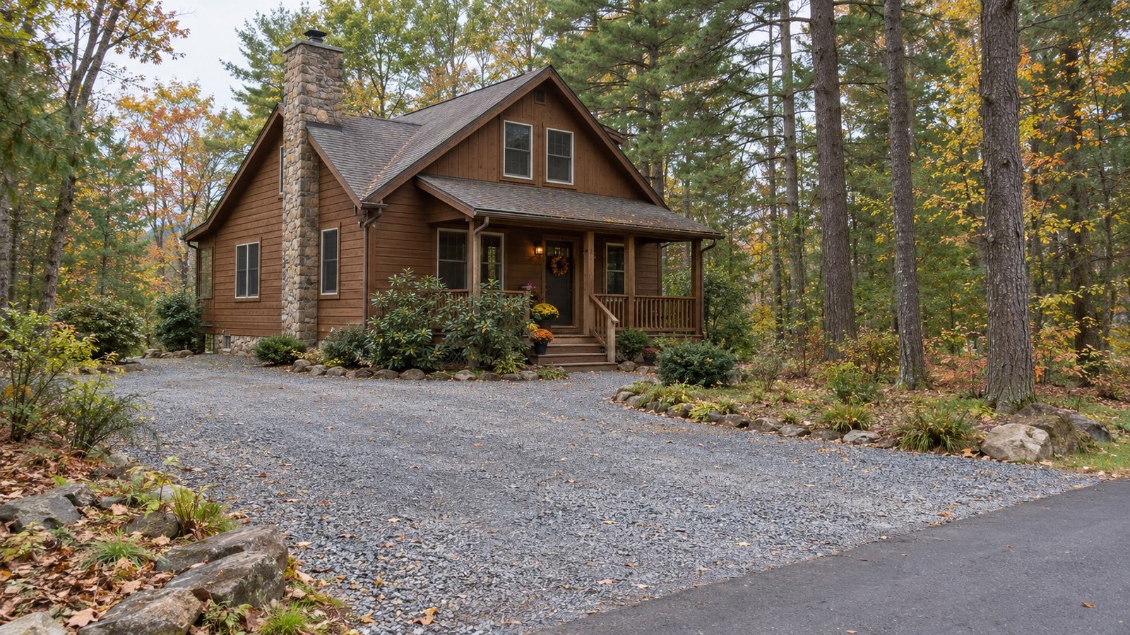 See the home and its outside approach A complete brown timber cottage with stone chimney, porch and gravel approach among pine trees.