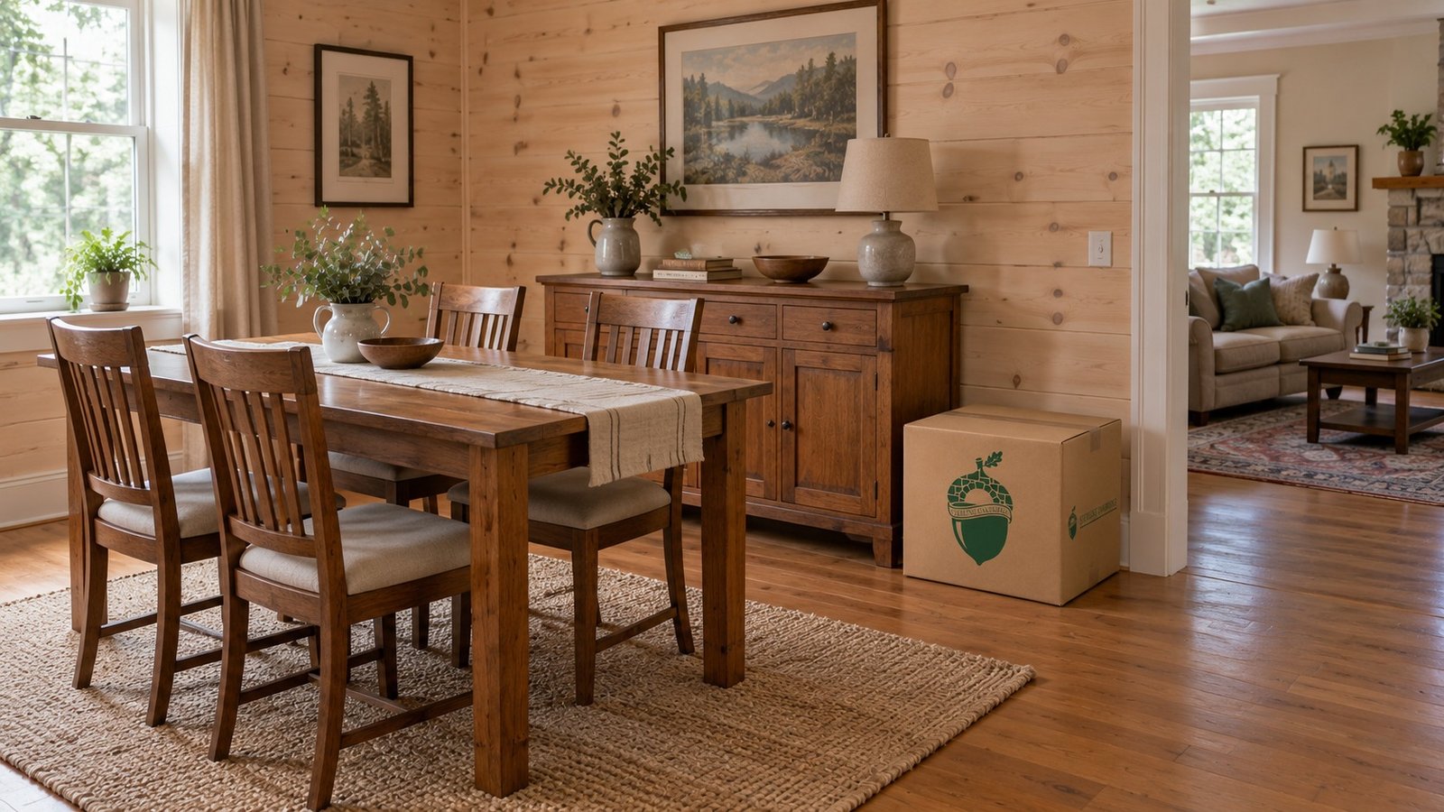 A dining table with four chairs, a wooden sideboard, one closed kraft Medium carton and a clear passage to a living room.