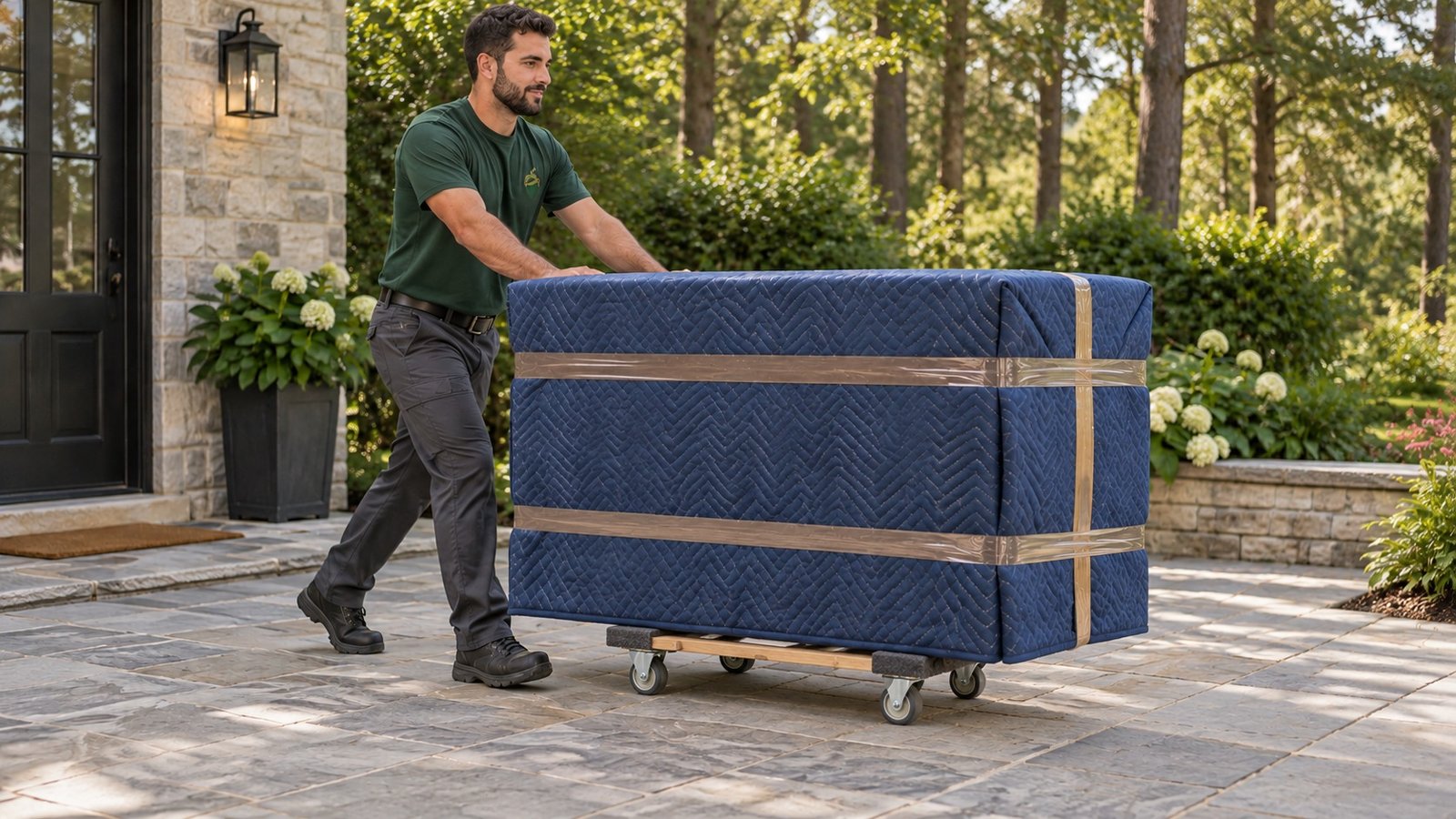 Protect the piece and support its base A complete mover guiding a blanket-covered cabinet with brown tape on a short centered wooden furniture dolly with small swivel casters.