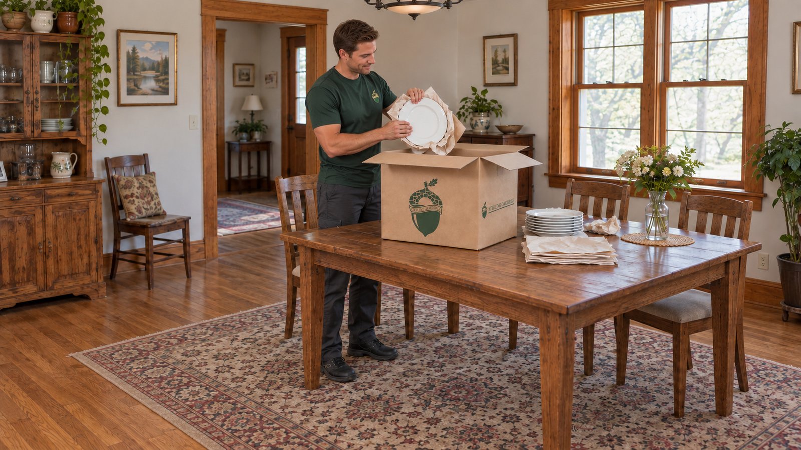 An adult male company mover cushioning one plate with paper above an open kraft China carton on a complete wooden dining table.
