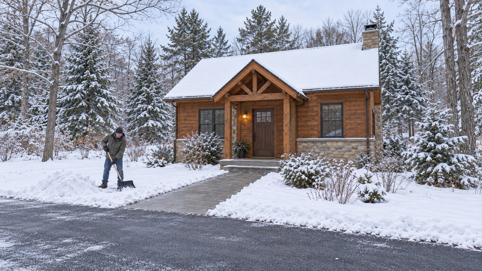 A complete timber cottage and porch in snow, a clear entrance path and a resident using a shovel beside an off-path snow pile.