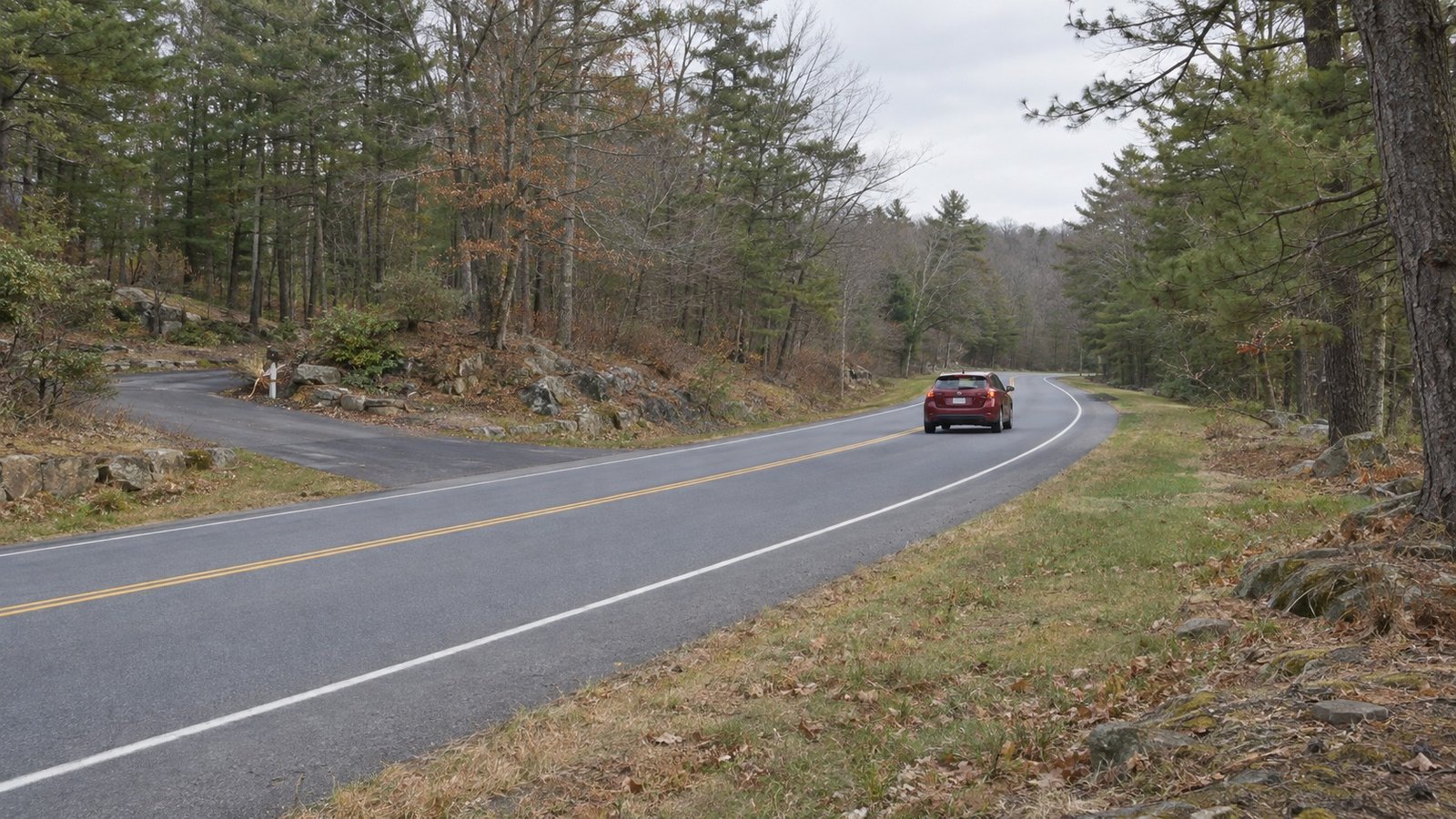 A complete red hatchback traveling away on a curving wooded two-lane road with a driveway junction.