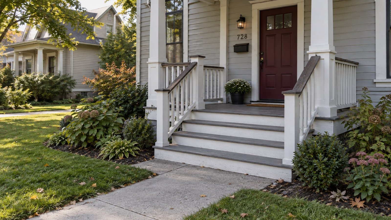 Gray clapboard house with wooden porch steps and a burgundy front door
