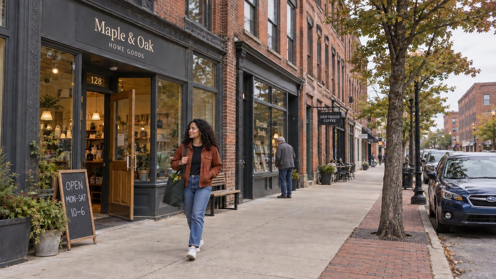 Woman with a canvas bag walking beside older brick shopfronts