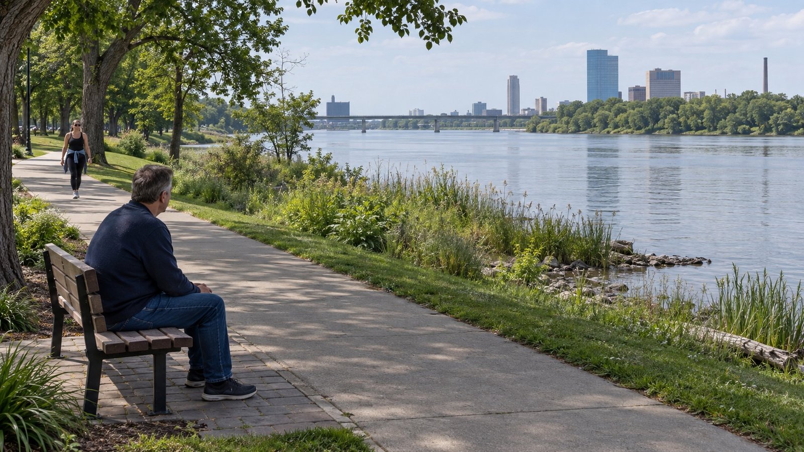 Man sitting beside a riverside path with another person walking behind him