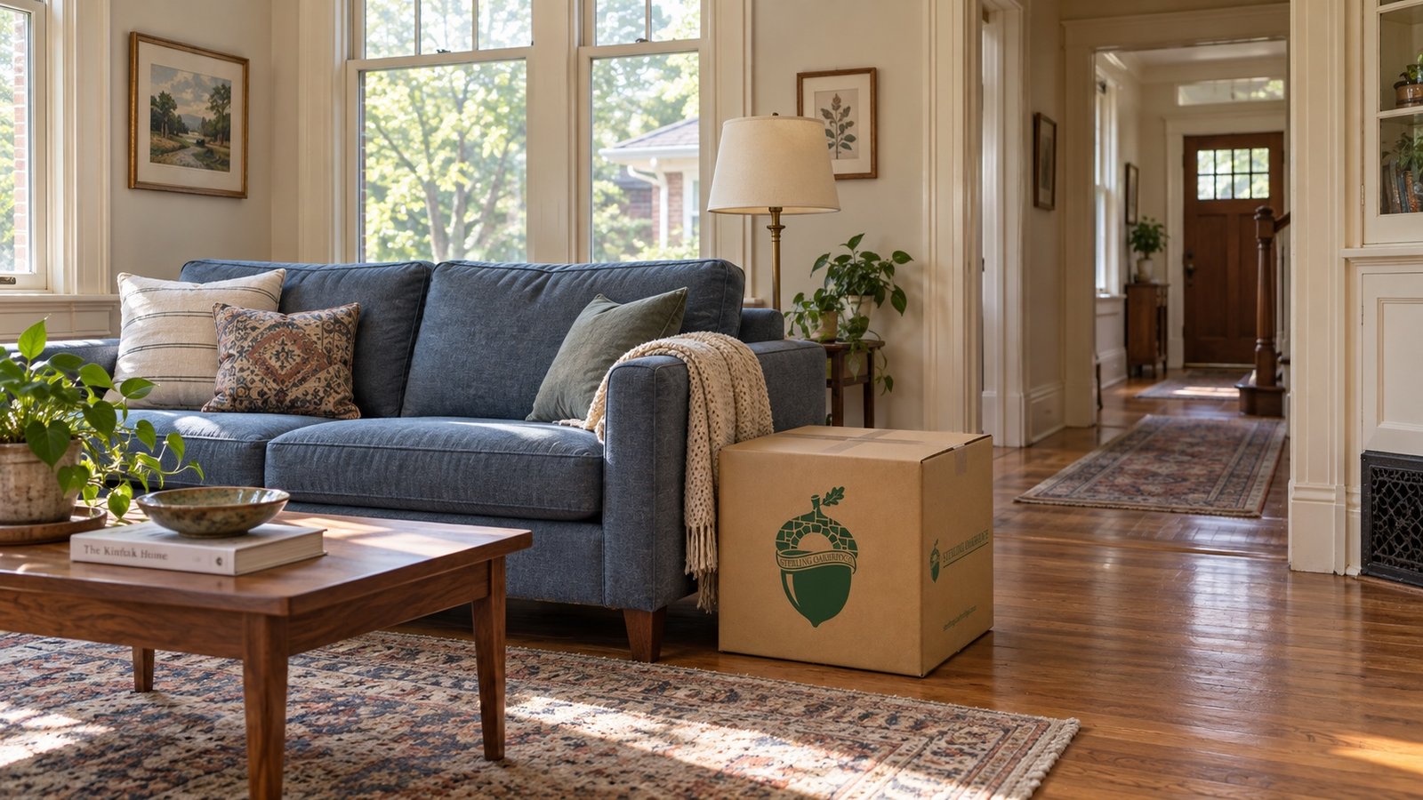 Blue sofa, walnut table and branded kraft carton beside an open hallway