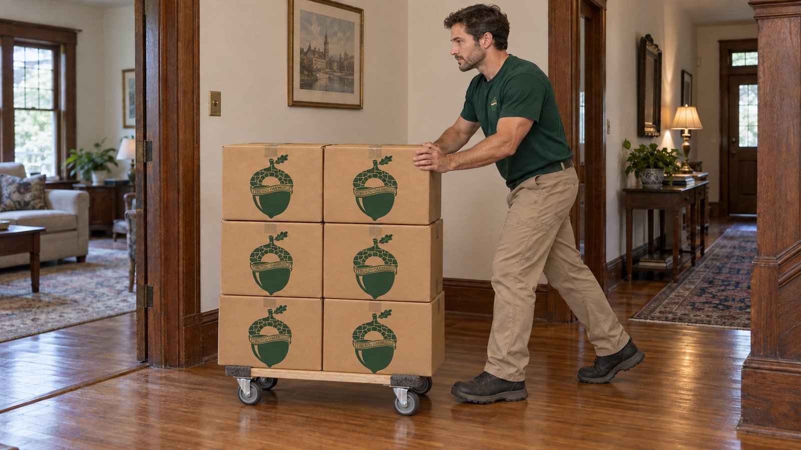 Mover pushing six small branded cartons on a compact wooden dolly