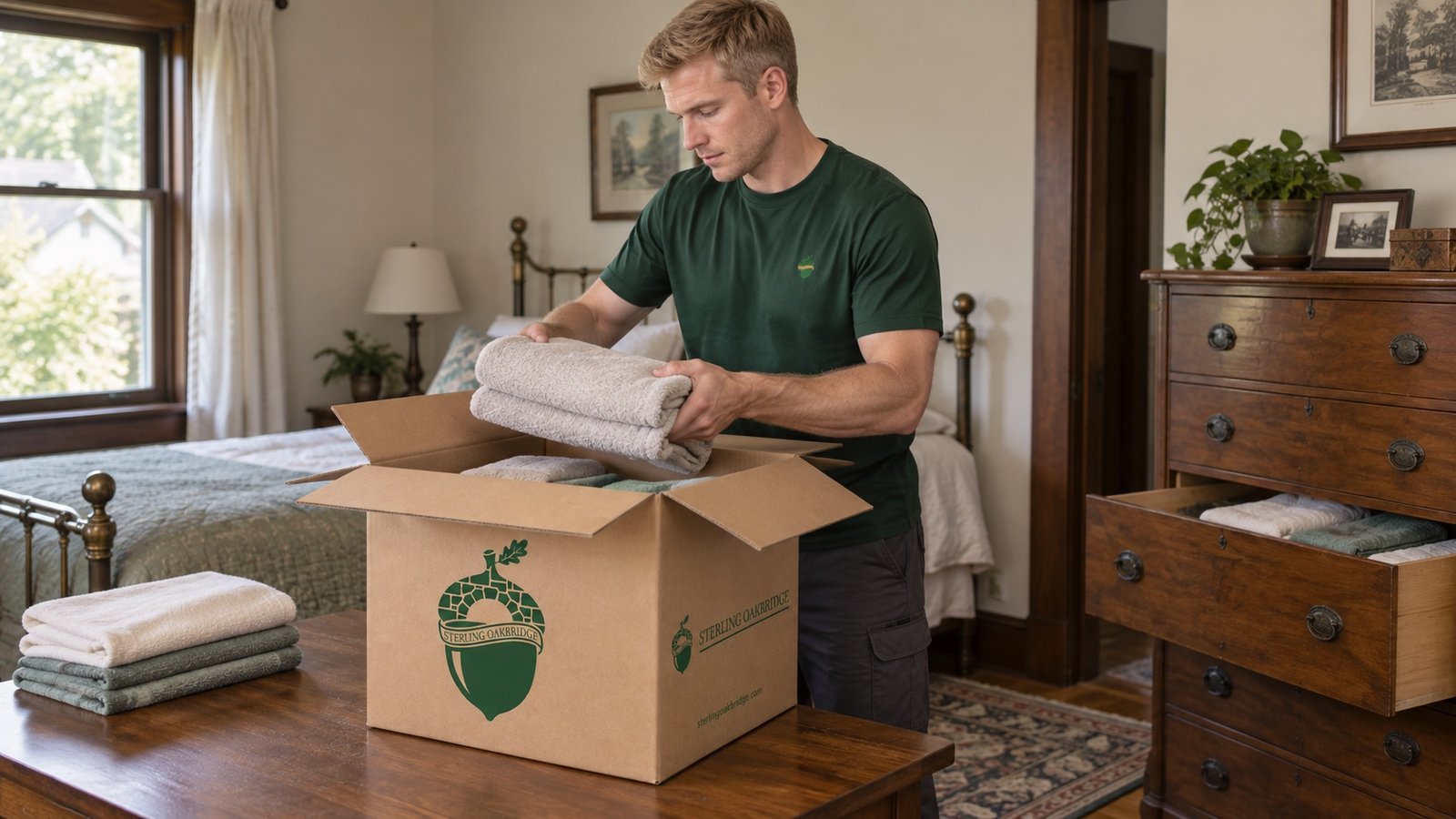 Mover lowering folded towels into an open branded carton on a wooden table