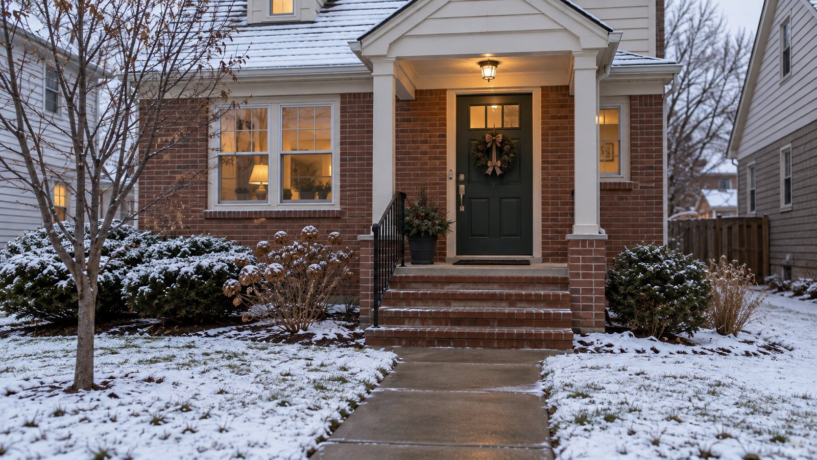 Cleared path and brick steps leading to a green door after light snow