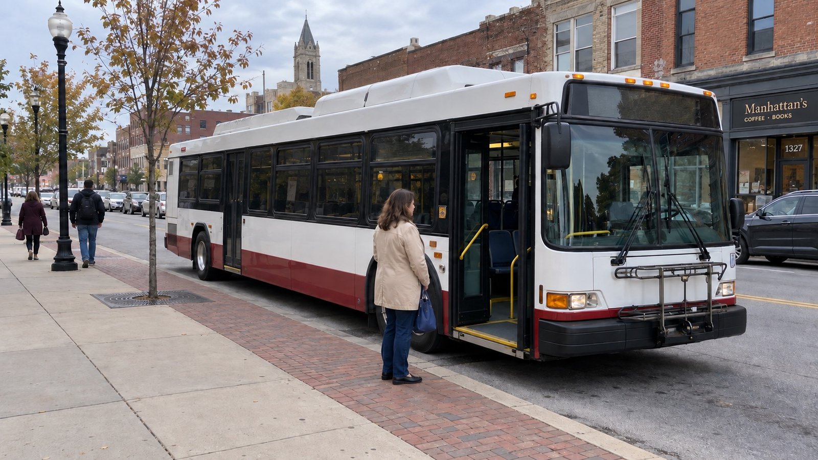 White and red city bus with an open passenger door beside a waiting woman