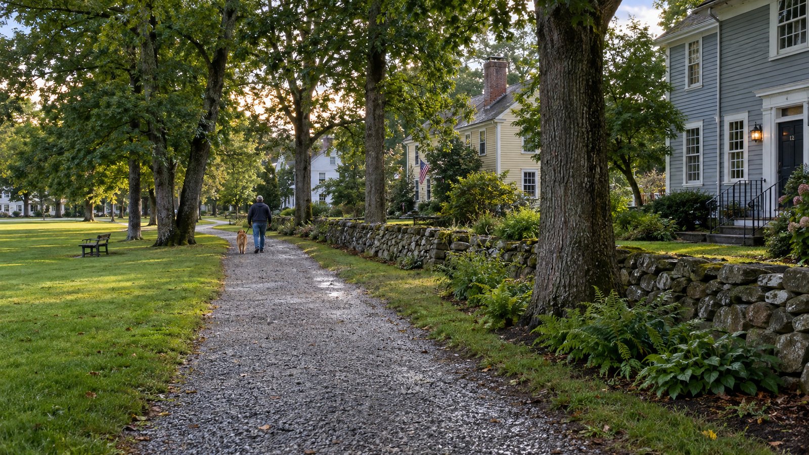 Getting to know the everyday routes A gravel walking path beside trees, houses and a grassy common