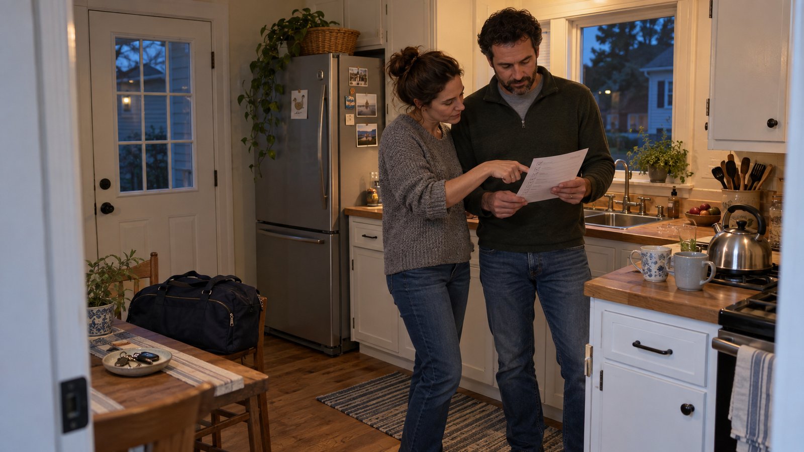 Making the first evening easier Two people reviewing a household checklist in a kitchen