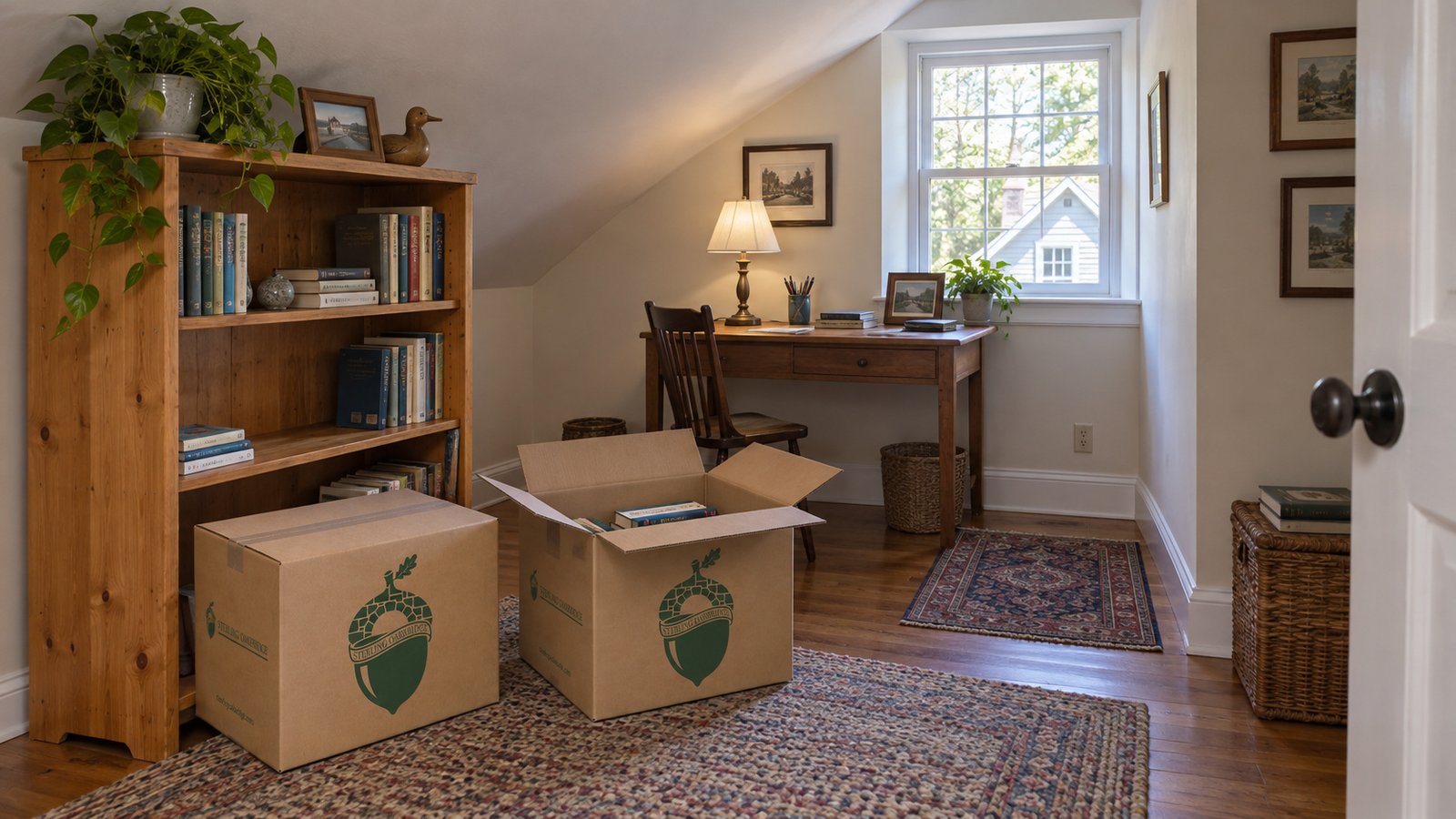 Furniture fit in an upper room Small home study under sloping eaves with a bookcase and two kraft moving cartons