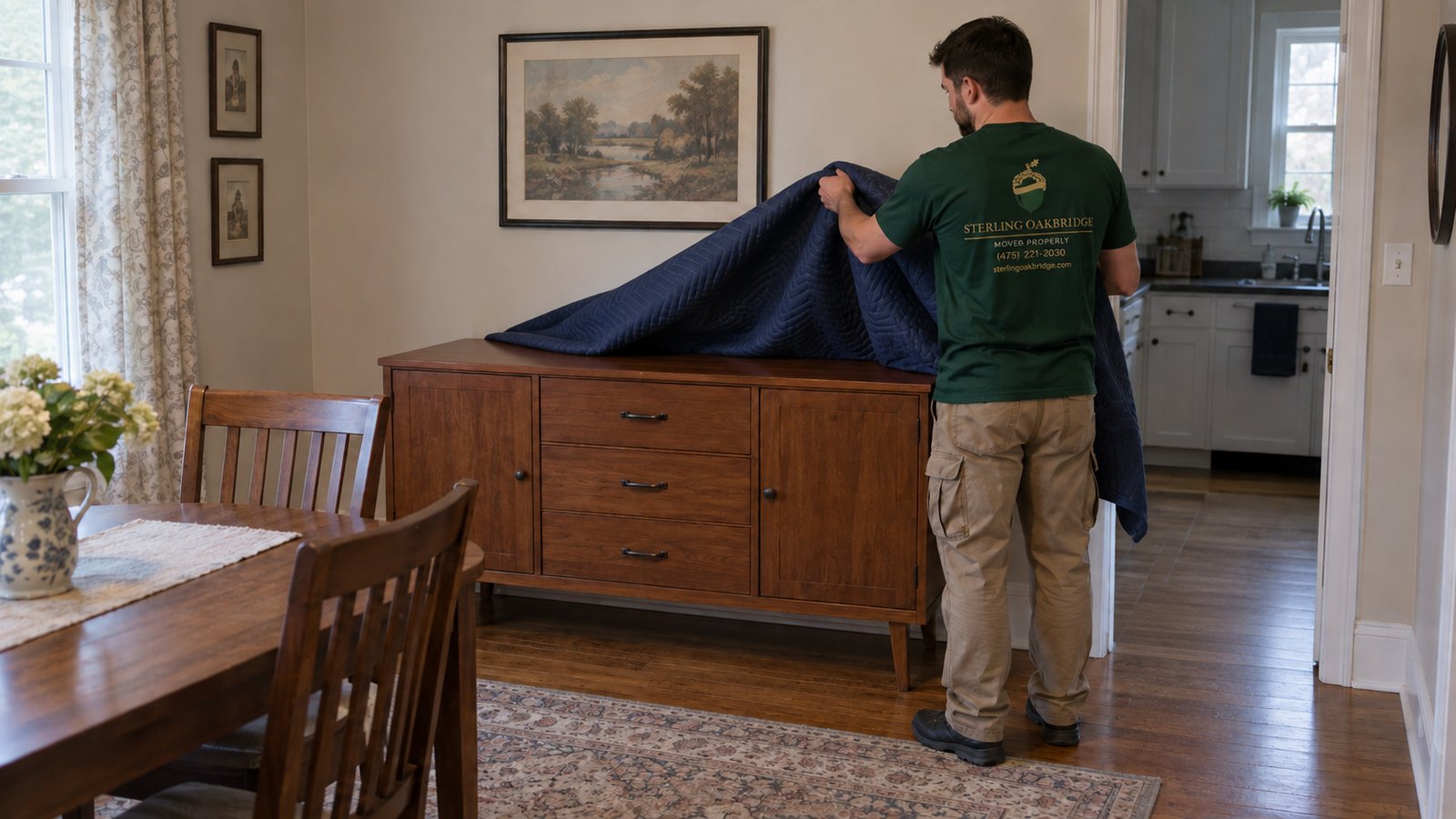 Finishing furniture delivery Sterling Oakbridge mover removing a protective blanket from a sideboard