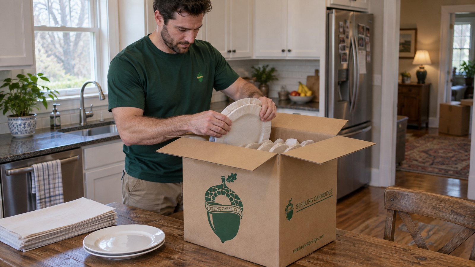 Packing selected fragile items Sterling Oakbridge packer placing a wrapped plate into a kraft carton