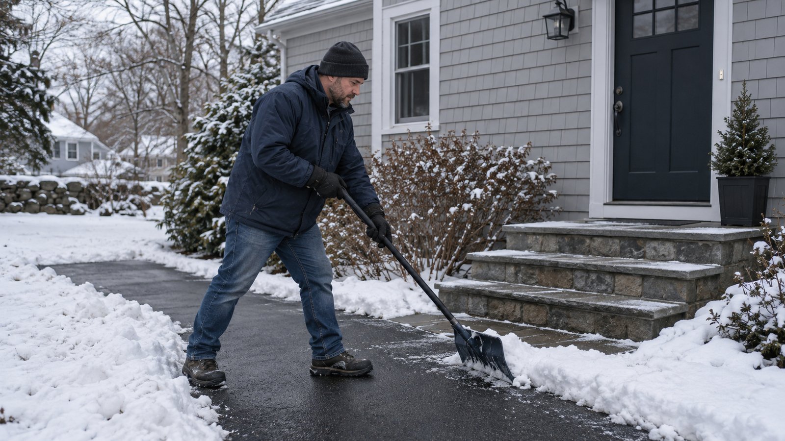Clearing the route before arrival Homeowner clearing snow from the path to a side entrance