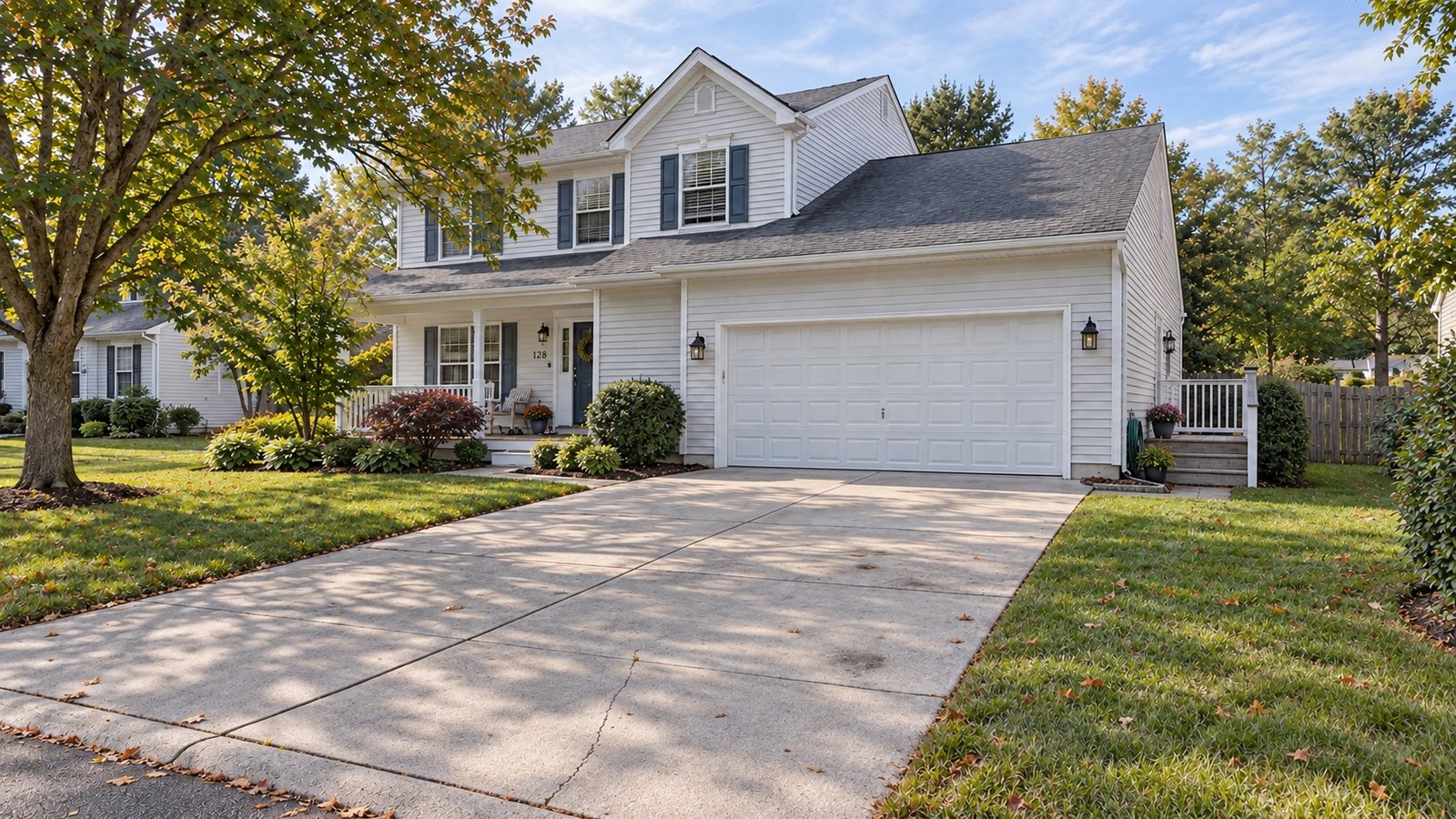 A white suburban house with a numbered front porch, attached garage and clear driveway.